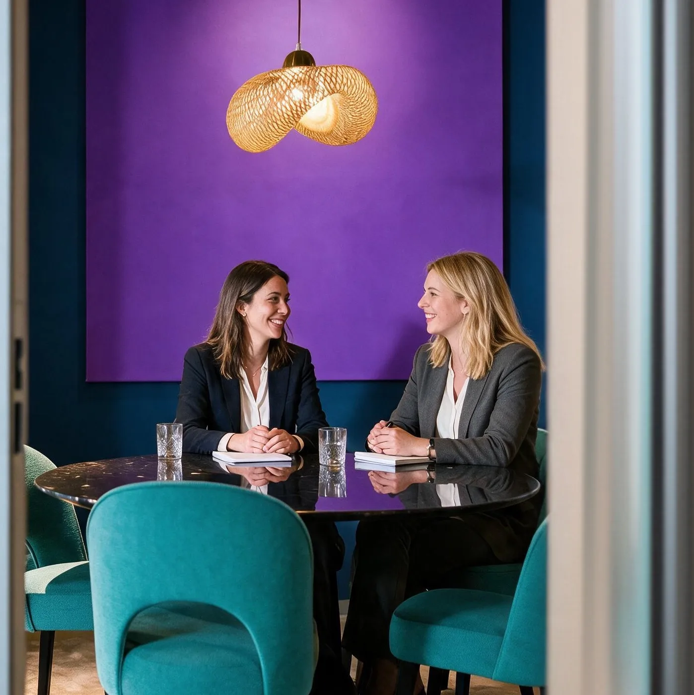 Twee collega’s van Notariaat Eemmeer in gesprek aan tafel in een spreekkamer